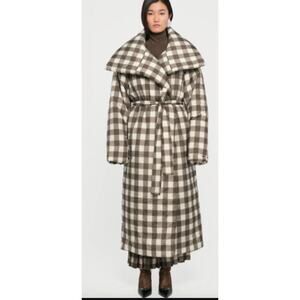 Norma kamali Bark Box Plaid Green High Collar Sleeping Bag Long Coat Sz M/L NWT